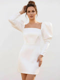 White Satin Short Wedding Dress with Puff Sleeves