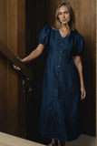 Conley Pinstripe Midi Dress in Medium Wash