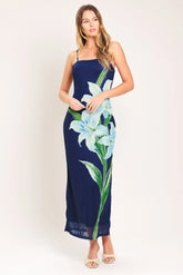 DEEP BLOOM POWER MESH MIDI DRESS