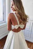 A Line V Neck White Long Wedding Dress with Bow Knot