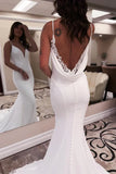 Unique Mermaid V Neck Satin Wedding Dress with Appliques