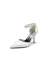 Satin Pointed Toe Pearl Beaded Ankle Strap Simple Wedding Shoes