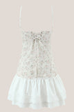 White Warm Rose Print Cotton Ruffled Mini Dress