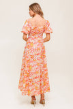 ISLAND FLOWERS PUFF SLEEVE MIDI DRESS CORAL FINAL SALE