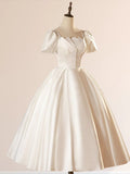White Satin Square Neck Short Sleeve Lace Up Wedding Dress