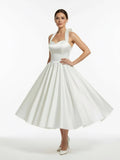 White A Line Halter Sleeveless Tea Length Satin Bridal Gowns With Bows Pleats