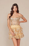 BRENNA MINI DRESS GOLD OFF SHOULDER TIERED SHORT DRESS