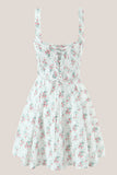 White Vintage Rose Printed A Line Cotton Mini Dress