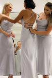 Dusty Rose Satin Sheath Lace Up Back Bridesmaid Dress