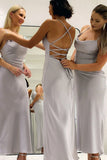 Dusty Rose Satin Sheath Lace Up Back Bridesmaid Dress