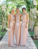 Mismatched Sheath Silk Blush Long Bridesmaid Dress