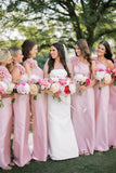 Pink One Shoulder Sheath Flower Sleeveless Satin Long Bridesmaid Dress