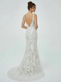 Floral Lace Appliques V Neck Sleeveless Mermaid Boho Wedding Dresses