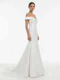 Chic Satin Off the Shoulder Sleeveless Sweep Train Bridal Dress