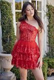 CHRISTIE MINI DRESS RED ONE SHOULDER TIERED SHORT DRESS