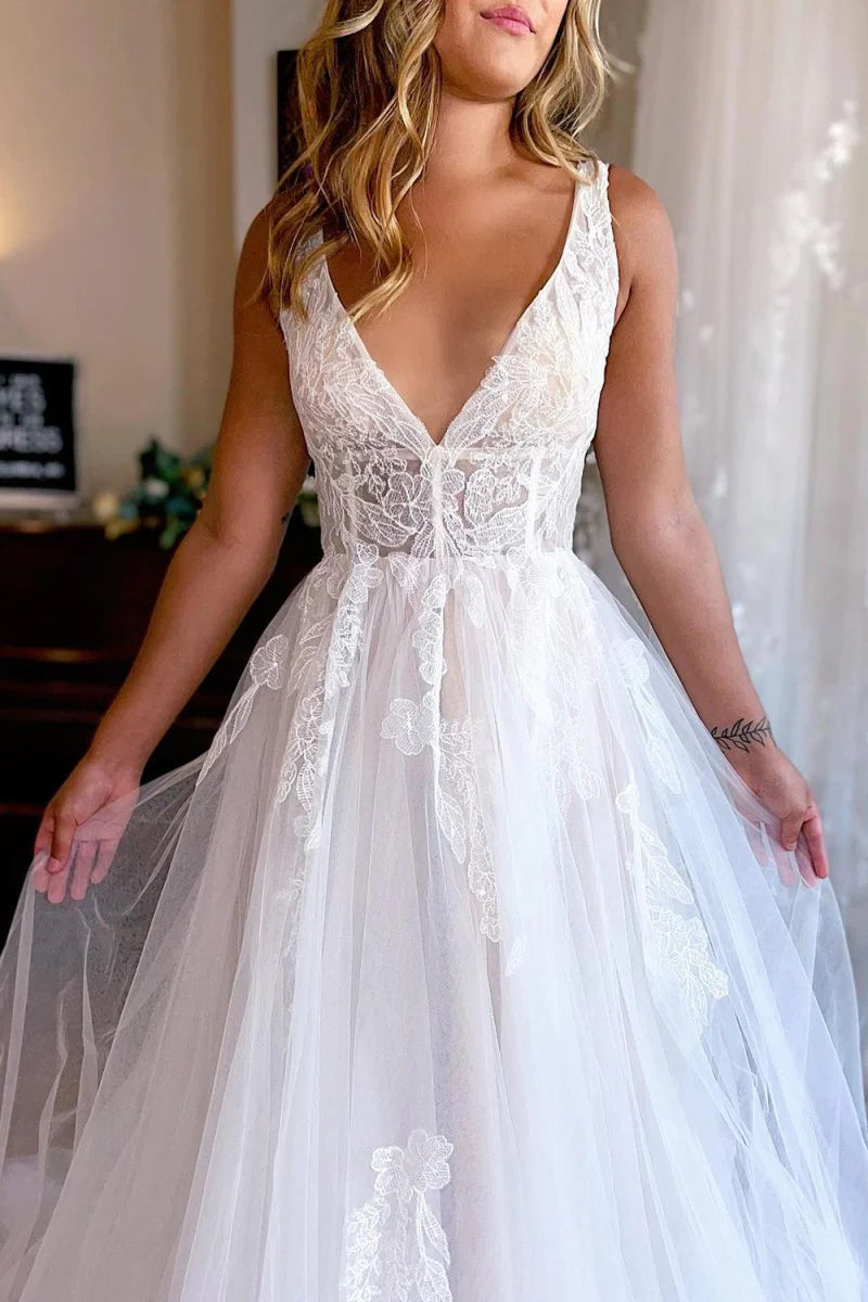 Ivory A Line Deep V Neck Backless Long Wedding Dress with Lace