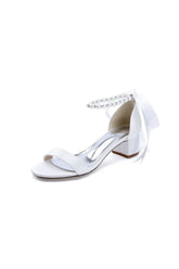 Block Heel Sandal Adorned with Pearl Ankle Band and Ribbon Bow