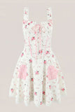 White Warm Rose Print Cotton Mini Dress
