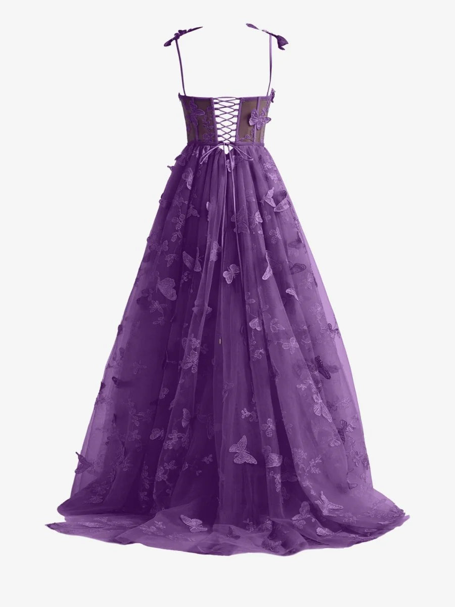 Purple A line Butterfly Lace Lilac Corset Prom Dress with Slit