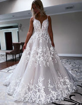 A Line Sweep Train Deep V Neck Wedding Dress With Appliques