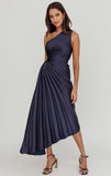 Panama Maxi Dress Navy Pleated Dress With Side Cut Out