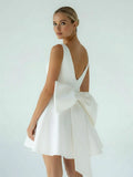 A Line White Satin V Neck Short Wedding Dress with Bow