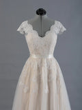Cap Sleeve V Neck Lace Tulle Wedding Dress With Zipper Back