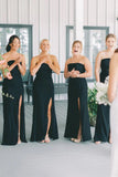 Black Strapless Long Bridesmaid Dresses with Slit