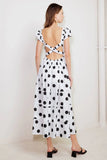 SHORT SLEEVE WHITE BLACK POLKA DOT MIDI DRESS