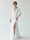 Casual V neck mermaid Sweep Train Long Sleeve Wedding Dress With Slit