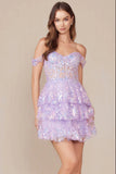 BRENNA MINI DRESS LILAC OFF SHOULDER TIERED SHORT DRESS