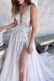 Attractive Illusion Deep V Neck Lace Appliques Boho Wedding Dress with Slit