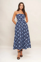 BLUE RENAISSANCE STRAPLESS MIDI DRESS