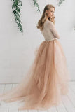 Tulle Satin Tiers Zipper V Neck Long Sleeves Wedding Dress