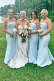 Strapless Aqua Blue Mermaid Satin Long Bridesmaid Dress