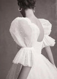 Pearl Short Reception Wedding Dresses With Bubble Sleeves