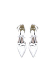 White Satin Pump with Cross Strap and Metal Accent