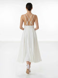 A Line V Neck Sleeveless Satin Knee Length Wedding Dress