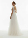 Sexy A Line Plunging Neckline Tulle Sweep Train Wedding Dress with Appliques