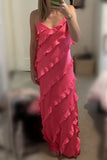 Straps Sheath Champagne Ruffle Maxi Bridesmaid Dress