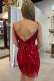 Sparkly Red Sequined V Neck Tight Mini Party Dresses