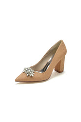 White Glitter Pointed Toe Chunky Heels With Rhinestone
