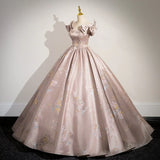 Elegant Ball Gown Pink Beaded Floral Appliques Quinceanera Dress