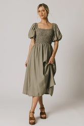 Janie Smocked Midi Dress in Olive FINAL SALE