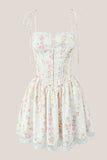 White Warm Rose Print Cotton Lace Trim Mini Dress