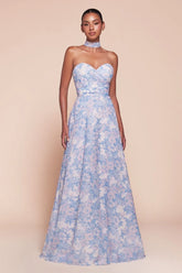 CASSIE GOWN BLUE STRAPLESS A LINE FLORAL CHIFFON DRESS