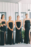 Black Strapless Long Bridesmaid Dresses with Slit