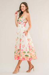 BRUNCH BOUQUET STRAPLESS FLORAL MIDI DRESS