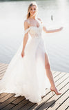 A Line Lace White Lace Up Off the Shoulder Wedding Dress with Slit