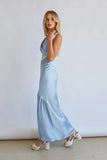 Lucinda Halter V Neck Open Back Satin Midi Dress